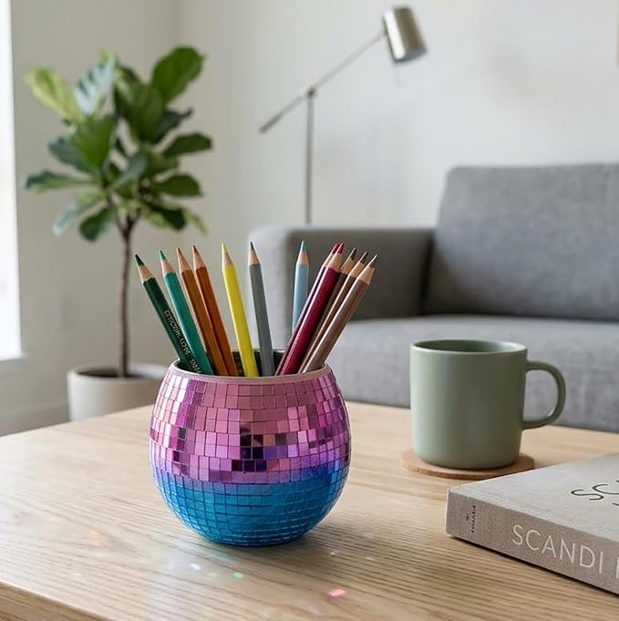 Disco Ball Pencil Holder for Desk - Cute Office Decor & Makeup Brush Organizer, 4.7 Inch Sparkly Glass Pen Cup, Fun Desk Accessories for Women (RAINBOW)