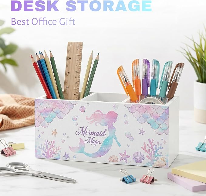 Mermaid Pen Pencil Holder for Office Desk Mermaid Office Decor Gift for Girls Wooden Pink Ocean Organizer Desktop Decor Coastal Makeup Brush Toothbrush Holder for Bathroom Desk Accessories