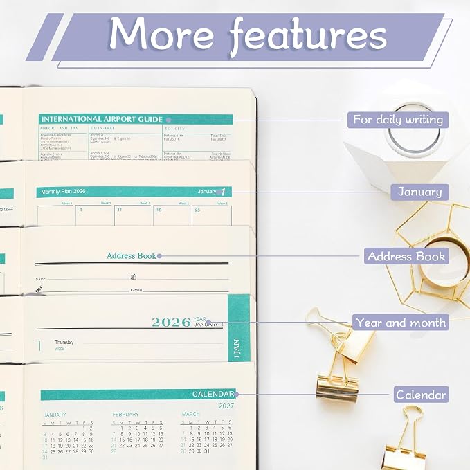 2026 Small Academic Planner Soft Leather Bound 3.9" x 5.5" Weekly and Monthly Calendar Planner Hardcover Cute Planner Goal Habit Tracker Organizer Planning Book with Tabs ,Daily Schedule School Office Schedule for Women Men (Bright purple)