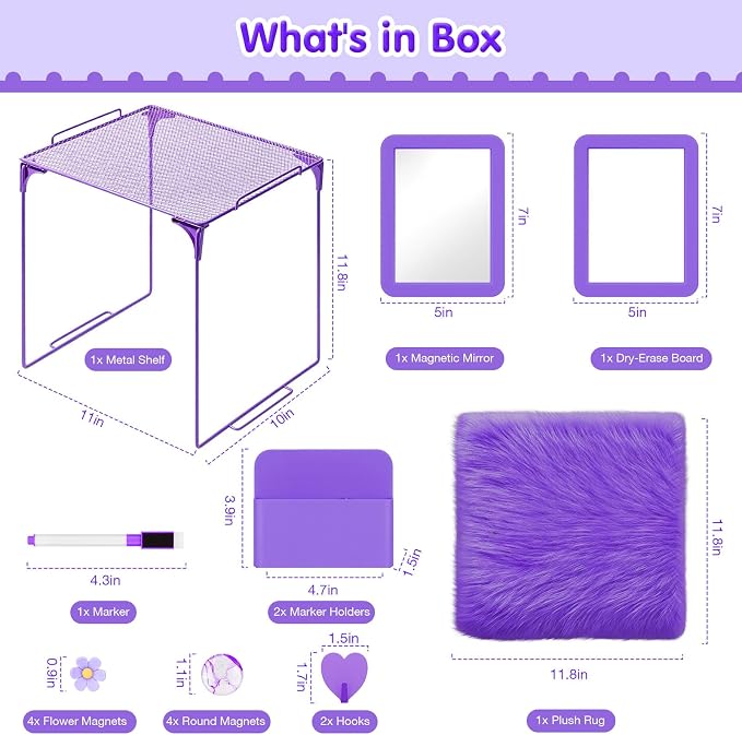 MoKo 17PCS Locker Accessories for Girls, Cute Locker Accessories Kit with Mesh Shelf, Magnetic Dry Erase Board, Mirror, Marker Holder, Marker, Plush Rug, Magnets, Lockers Decor for School/Work, Purple
