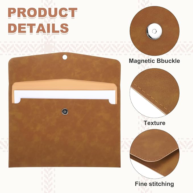 PATIKIL 2Pcs PU Leather File Folders, 13x9 A4 Document Holder Waterproof Envelope Folder with Snap Closure, Portable Portfolio Organizer Case for Paper Receipt, Brown/Red