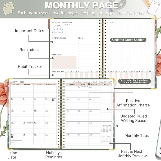 Large 2026-2027 Academic Planner, Weekly & Monthly Appointment Book from Jul. 2026 - Jun. 2027, Work & Life Daily Hourly Planner with Time Slots, A4 Agenda Organizer for School,Olive Green, 8.5" x 11"