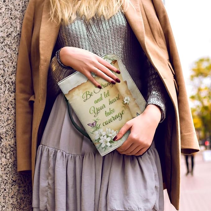 Vintage Lily and Cross Bible Case with Bookmark Waterproof Bible Cover Case for Women Lightweight Bible Bag with Handle Pockets Church Book Bag Beige