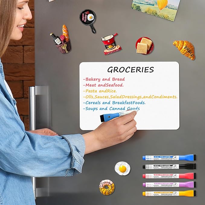 Magnetic Whiteboard for Fridge, 4-Pack Dry Erase Boards (12×8 in) with 5 Markers & Eraser, Strong Magnet & Stain-Resistant Surface, Reusable Message Board for Fridge, Family Planner & Kitchen Notes
