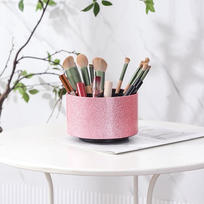 Remote Holder, PU Leather 360 Degree Rotating Desktop Organizer with 4 Compartments, Makeup Brush Holder Organizer for Vanity Desk, Bling Pink PH102