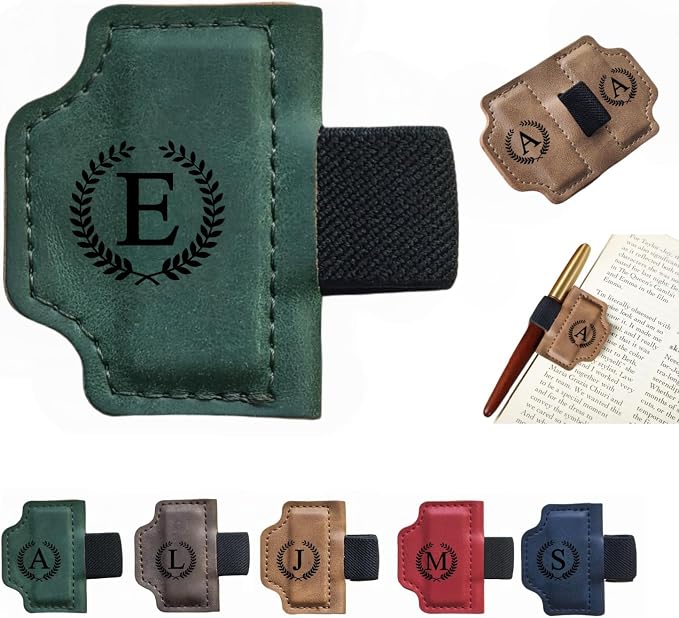 MOTEERLLU Custom Bygonemark Personalized Magnetic Leather Pen Holder Bookmark with Initial for Reading Women, Men, Teacher, Book Lovers Gifts & Accessories(Green,E)