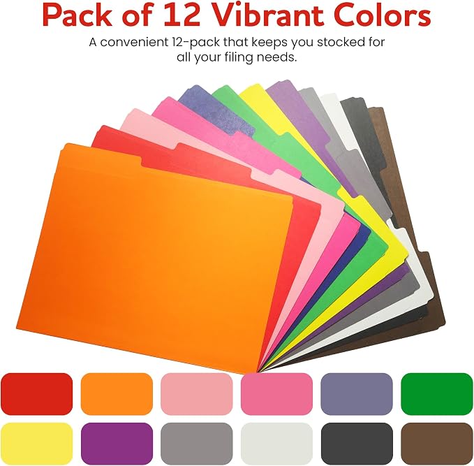 Colored File Folders 12 Pack Assorted Colors, 1/3-Cut Tabs, Letter Size 1/3-Cut Tab File Folders for Office, Home, School, Paper & Organization Filing Cabinets. (Assorted)