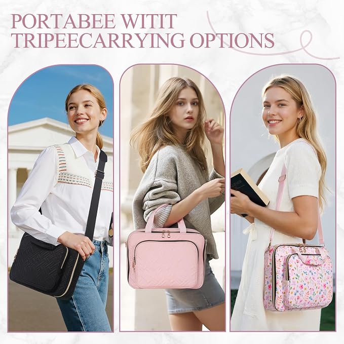 Bible Cover Case for Women Elegant Carrying Bag with Handles & Shoulder Strap Large Bible Storage Bag–Includes Bible Study Supplies, Highlighters(Pink, L)