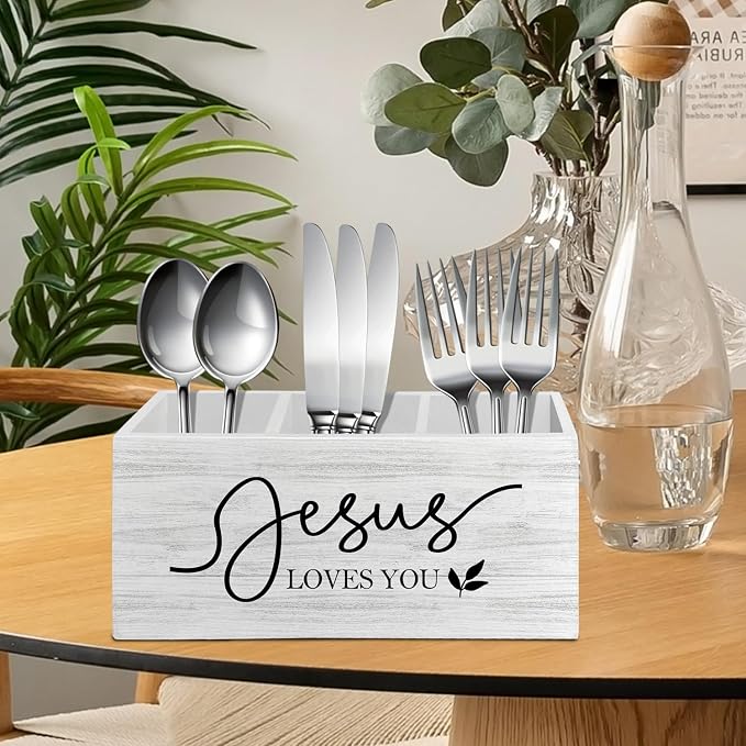 Christian Jesus Loves You Pen Pencil Holder Organizer for Desk Accessories, Religious Bible Verse Wooden Box Sign Desk Decor for Home Office Decoration, Christian Gifts for Women Men