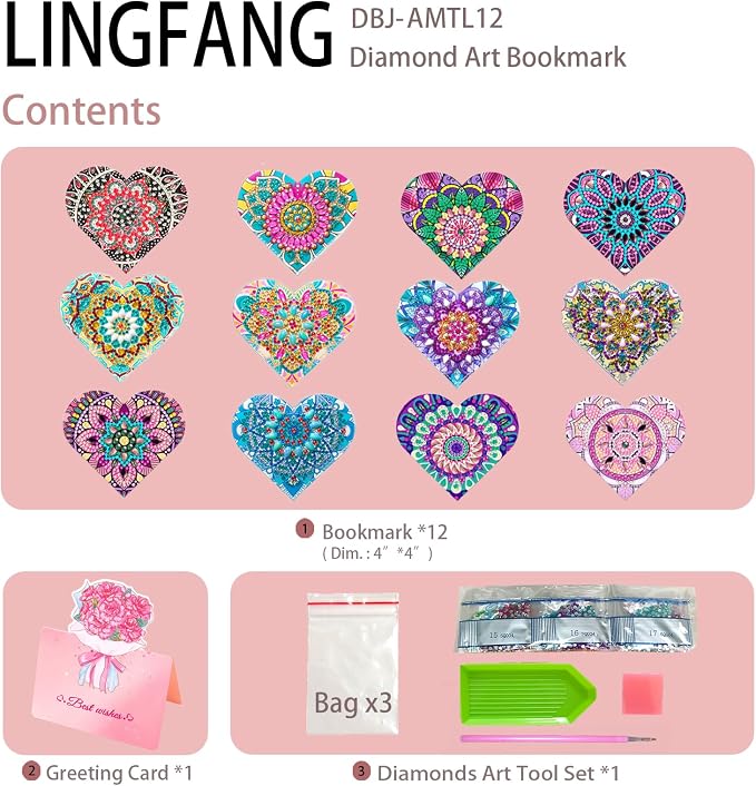 12 Pcs Diamond Painting Bookmark, DIY Corner Book Makers for Adults Book Lovers, Diamond Dot Art Beginners, Small Diamond Art Kits, Paint by Art Crafts Gift for Women Girls (Heart Mandala)