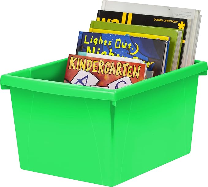 Storex 4 Gallon Storage Bin – Plastic Classroom Organizer for Books and Supplies, Green, 6-Pack (61480C06C)