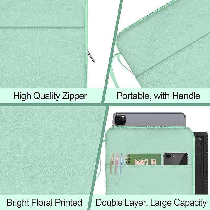 Green Book Sleeve Kindle Pouch, Book Protector Case with Zipper, PU Leather Waterproof Book Cover Bag, Portable Book Pouch for Book Lovers Gifts Paperbacks Bibles Hardcover