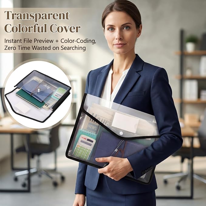 Handepo 50 PCS Plastic Expanding File Folder Bulk - Transparent Large-Capacity Portable Documents Envelopes with Snap Closure for Office, Business, School - No Dividers (White Color,A4 Size)