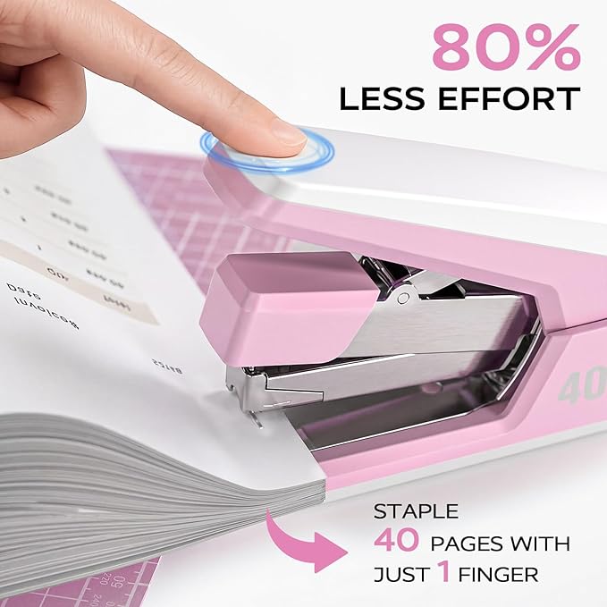 Effortless Stapler for Desk with 40-50 Sheet Capacity, 2000 Staples, 1-Touch Stapling, Ergonomic & Easy to Load Desktop Staplers, Heavy Duty Stapler, and Magnetic Staple Remover, Pink