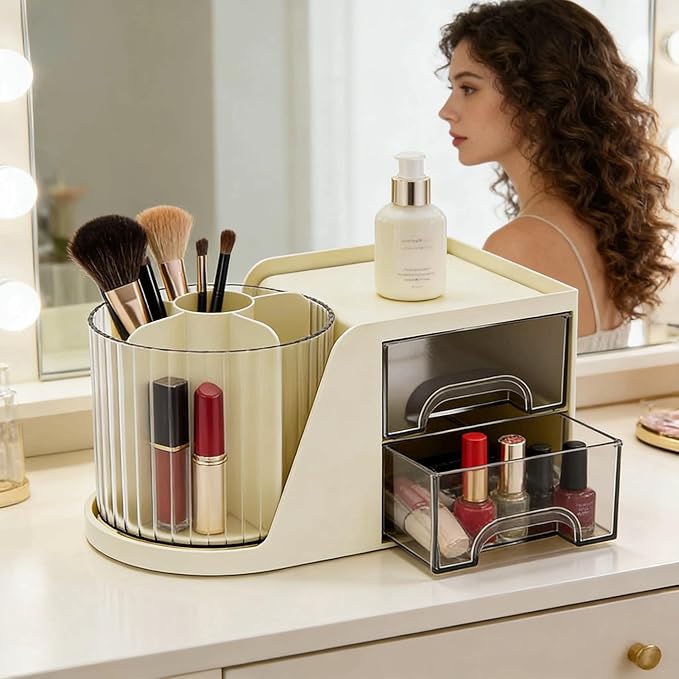 Desk Organizer with 2 Drawer,360 Degree Rotating Pen Holder for Desk,6 Slots Makeup Brush Holder for Office,School,Home,Art Supplies (Cream)