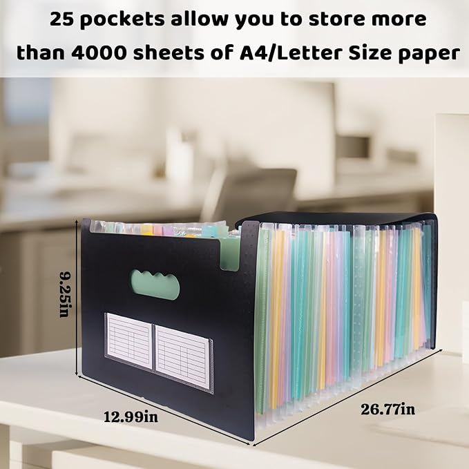 Accordion Folder with Labels, Letter/A4 Size 25 Pockets Expanding File Organizer, Portable Document Organizers for Paper Bill Receipt, Home College School Office Supplies (Gradient Green)