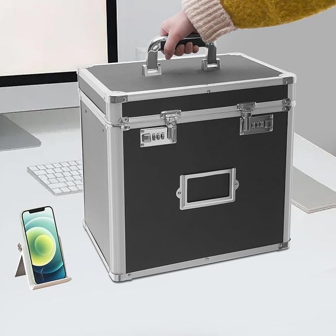 Aluminum Alloy File Organizer Box, 13.8x10x13.4in Portable File Box with Dual 3-Digit Combination Locks - for Letters, Documents, Office Supplies