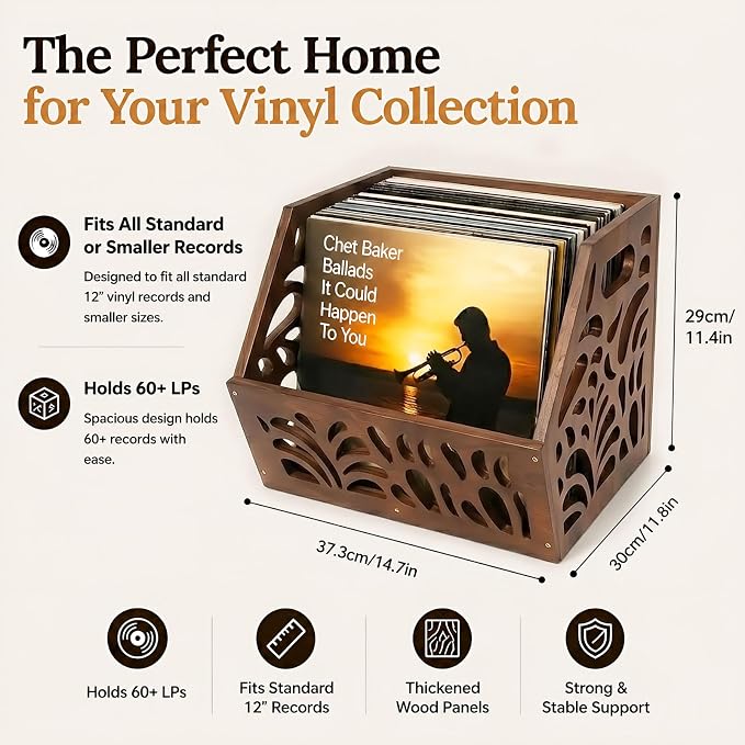 Vinyl Record Storage Box 60+ LP Record Holder Crate, Vinyl Organizer Storage Rack for Album Storage, Chestnut Vintage Finish Home Decor