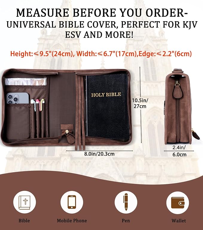 Vegan Leather Bible Cover for Men & Women, Bible Case with Gift Box, Christian Catholic Religious Bible Gifts (Brown)