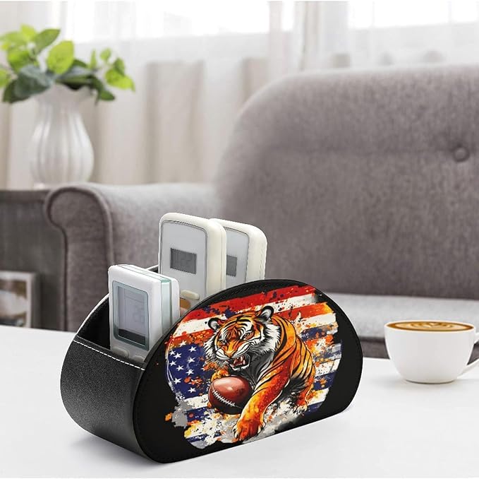 Tiger American Flag Remote Control Holder with 5 Compartment PU Leather Multi Functional Desk Storage for TV Remotes Office Supplies