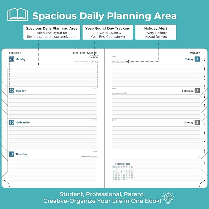 Weekly Monthly 2026-2027 Planner (July 26-Dec 27),8.5"x6.5",18 Months Agenda Plan with Month Tabs & Pocket,Expenses/Note Pages, Academic Calendar with Vegan Leather Cover,Light Blue