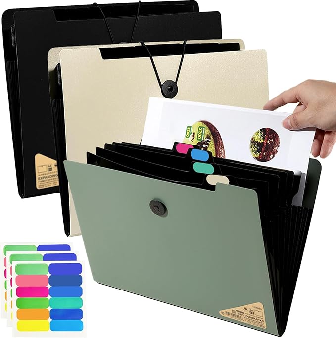 A4 Expanding File Folder, 3 Pack File Organiser, 5 Pockets Document Organiser, Portable Filing Folders for Paperwork for Home Office School (3 Color, A4, 5)
