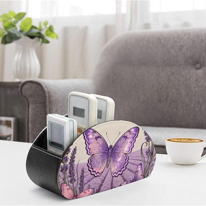 Butterfly Lavender Spike TV Remote Control Holder with 5 Compartments PU Leather Storage Container Caddy Desktop Organizer for Media Player Makeup Brush Pencil Glasses Office Supplies