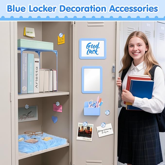MoKo 17PCS Locker Accessories for Girls, Cute Locker Accessories Kit with Mesh Shelf, Magnetic Dry Erase Board, Mirror, Marker Holder, Marker, Plush Rug, Magnets, Lockers Decor for School/Work, Blue