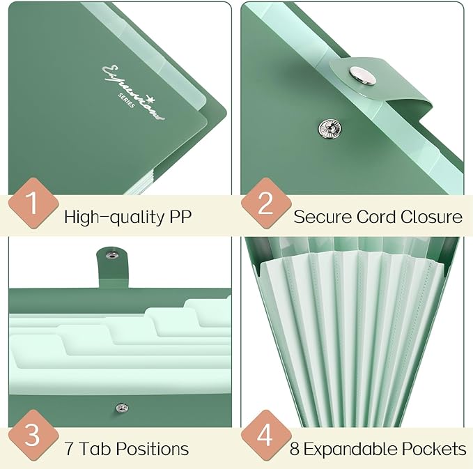 Sooez Elegant Accordion File Organizer, 8 Pocket Expanding File Folders with Labels, Portable Folder for Documents, Cute Paper Organizer for School Office Supplies, Letter Size, Dark Green