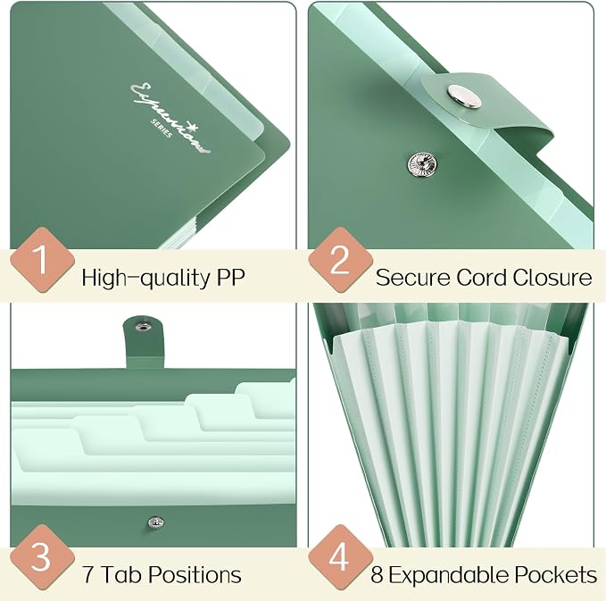 Sooez Elegant Accordion File Organizer, 8 Pocket Expanding File Folders with Labels, Portable Folder for Documents, Cute Paper Organizer for School Office Supplies, Letter Size, Light Green