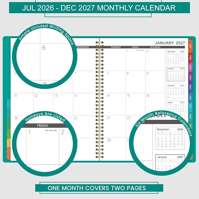 2026-2027 Monthly Planner - Jul 2026 - Dec 2027, 18 Months Calendar/Planner with Faux Leather, 8.86" x 11.4", 15 Notes Pages, Strong Twin - Wire Binding, Pocket, Monthly Tabs, Perfect Organizer- Green