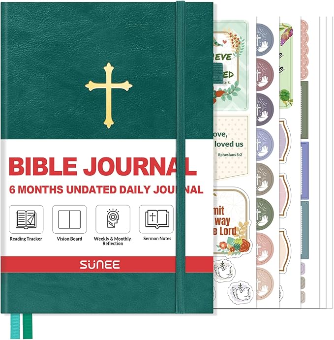 SUNEE Christian Bible Study & Prayer Journal – Undated 6-Month Scripture Notebook for Daily Devotional & Faith Growth, Meaningful Religious Gift for Women, Men, Pastor or Graduation (Pacific Green)