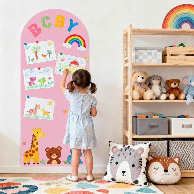 Magnetic Wall Decal for Kids Pink 39.3x17.5 Inch Arch Magnetic Chalkboard for Wall Magnetic Board for Playroom Peel and Stick Self Adhesive Blackboard with Color Liquid Chalks Magnet Wall Decal