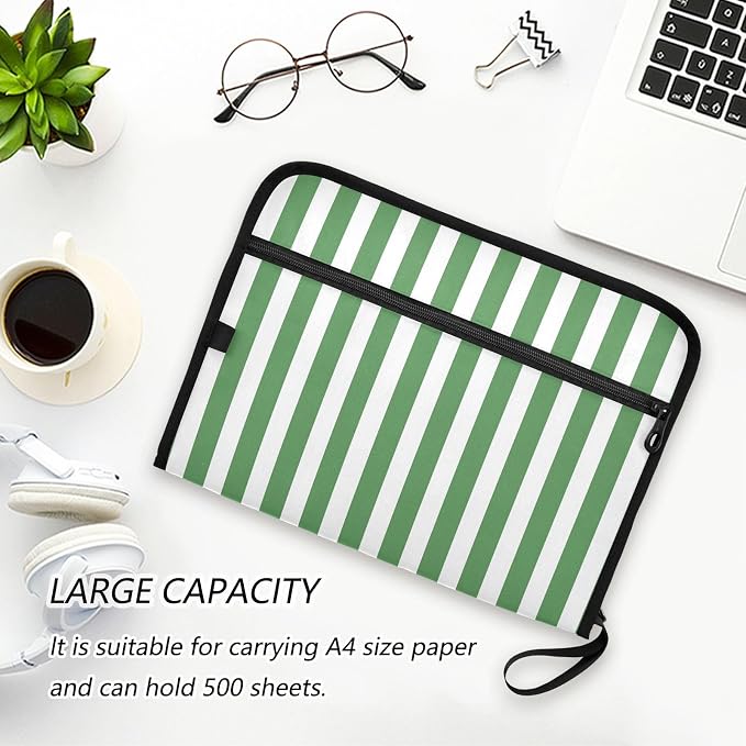 ALAZA Green White Striped 13 Pocket Expanding File Folder with Labels, Accordion File Folder File Organizer Letter A4 Paper for Office School Student