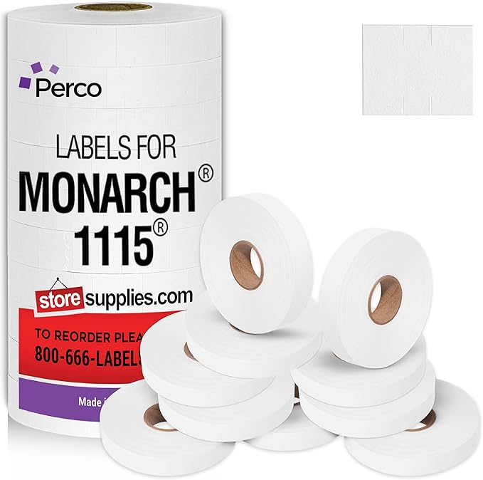 Perco White Pricing Labels for Monarch 1115 Price Gun - 10 Rolls, 15,000 Price Marking Labels - with Bonus Ink Roll