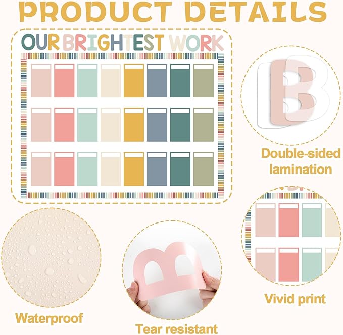Student Work Display Bulletin Board Decoration Set Boho Wow Works Display Paper Cutouts Our Brightest Work Classroom Decoration for Teacher Student Back to School Motivational Chalkboard Wall Supplies