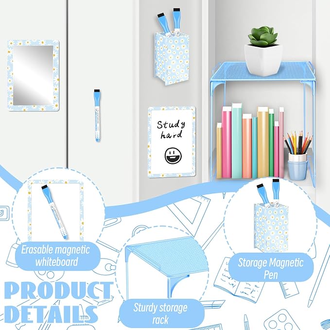 Denylo pro Magnetic Locker Accessories Kit Sky Blue Back to School Essentials Locker Organizer Supplies Include Mirror Whiteboard Pen Shelf Pencil Case Magnet Back to School Essentials