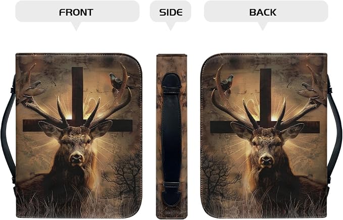 Leather Bible Cover for Men/Large Bible Case/Book Carrying Case with Pen Slot-Church Bag for Lady,Deer and Cross,X-Large