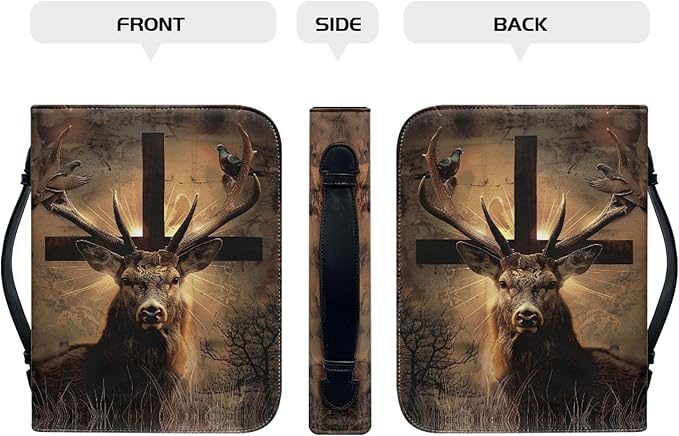 Leather Bible Cover for Men/Large Bible Case/Book Carrying Case with Pen Slot-Church Bag for Lady,Deer and Cross,Medium