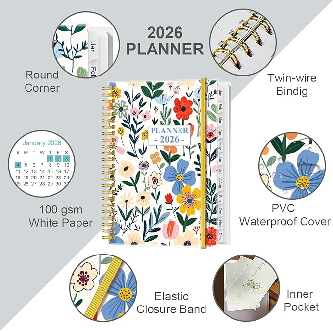2026 Planner - Planner 2026 from January 2026 - December 2026, Weekly & Monthly Planner Spiral Bound with 12 Monthly Tabs, Inner Pocket, 6.4" x 8.5", Flower-B