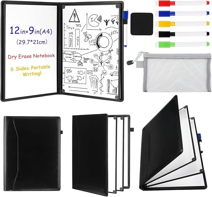 Feifeiya 6 Sides Dry Erase Notebook Portable White Board 12"x9"(a4) Travel Dry Erase White Board Notebook Foldable Anti-ghosting Surface for Office, School, Study, Travel & Business Meeting Planning