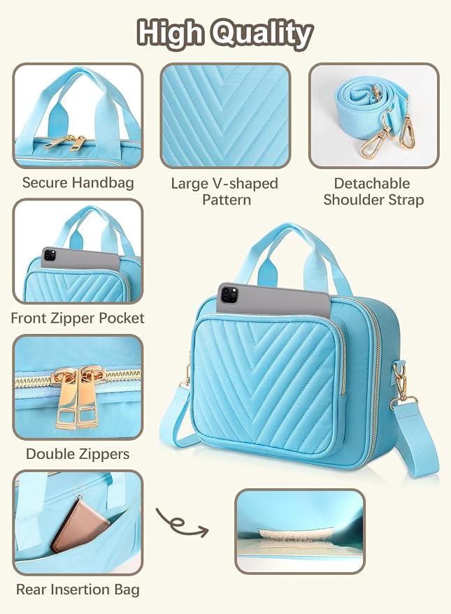 Large Bible Bag with Study Supplies, Womens Bible Cover Journaling Kit w/Highlighters Tabs, Blue Girls Bible Case, Quilted Ladies Book Travel Case w/Shoulder Strap, Christian Gifts for Teen