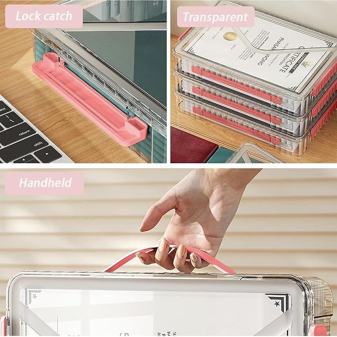 2 Pack Clear Plastic File Storage Boxes with Latching Lids, Transparent Certificate Organizer, Portable Project Case for Drawers, Clear Stackable File Box for A4 Files (‎Red Latches, Large)