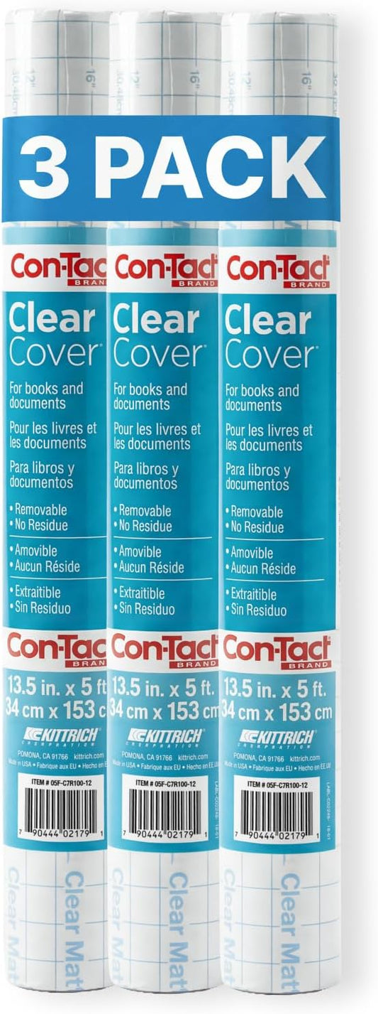 Con-Tact Brand Clear Adhesive Protective Liner to Cover Books and Documents, 13.5-Inches x 5-Feet (Pack of 3)