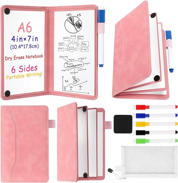 Feifeiya 6 Sides Portable Whiteboard Notebook Dry Erase 7"x4"Foldable Travel White Board, Anti-ghosting Surface, Reusable Erasable Whiteboard Notepad for Office, School, Business Meeting Planning