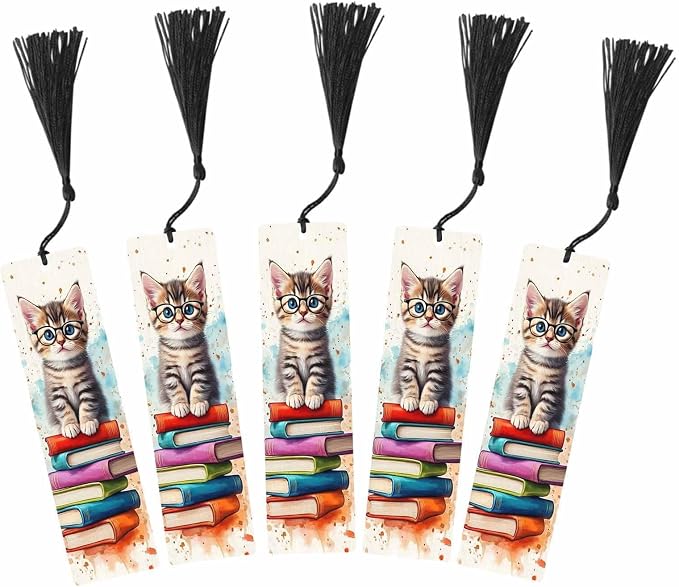 Cute Baby Cat 5 Pcs Bookmarks Wearing Glasses Pet Animal Reading Book Wooden Bookmarks with Tassel for Students Reader Teachers Book Lovers