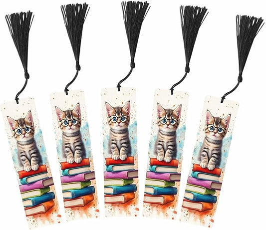 Cute Baby Cat 5 Pcs Bookmarks Wearing Glasses Pet Animal Reading Book Wooden Bookmarks with Tassel for Students Reader Teachers Book Lovers