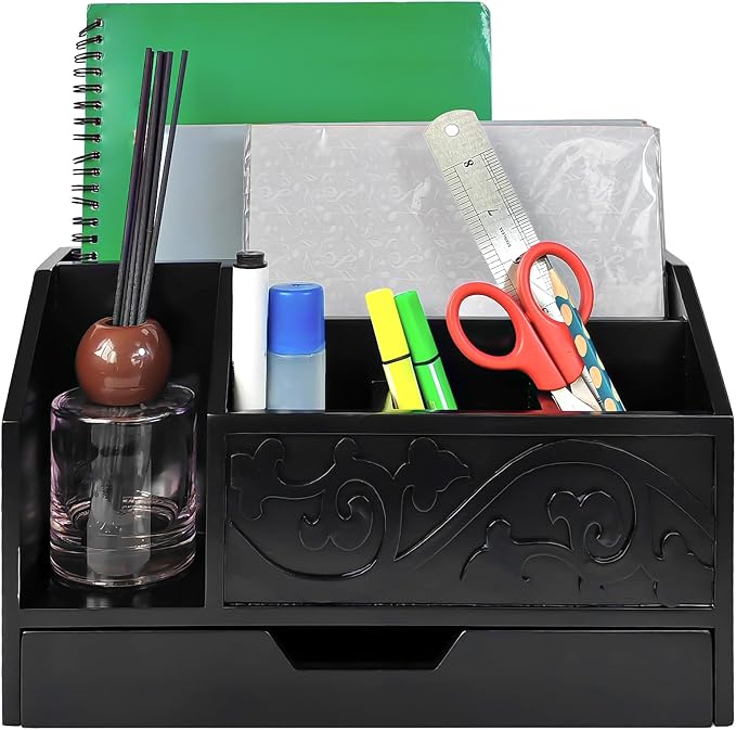 Black Wooden Mail Organizer with Drawer, Three Tiered Desk Accessories for Office Organization and Storage, Stylish Countertop Document Storage, Home/Office/Classroom Supplies (Black01)