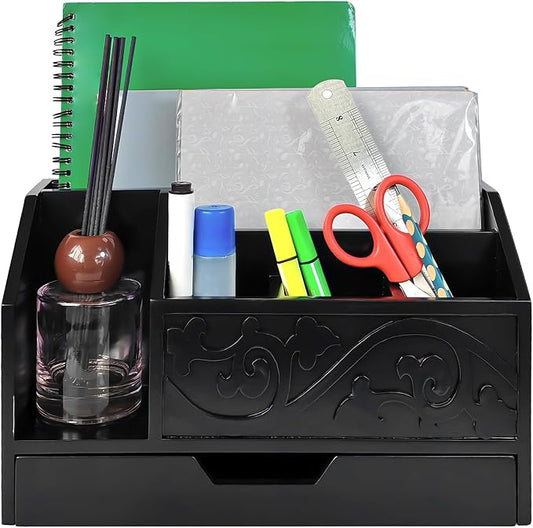 Black Wooden Mail Organizer with Drawer, Three Tiered Desk Accessories for Office Organization and Storage, Stylish Countertop Document Storage, Home/Office/Classroom Supplies (Black01)