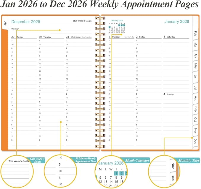 2026 Appointment Book & Planner - 2026 Daily Hourly Planner from January 2026 - December 2026, Weekly Appointment Book with 30-Minute Interval, Medium 6.4" x 8.5", Orange-D